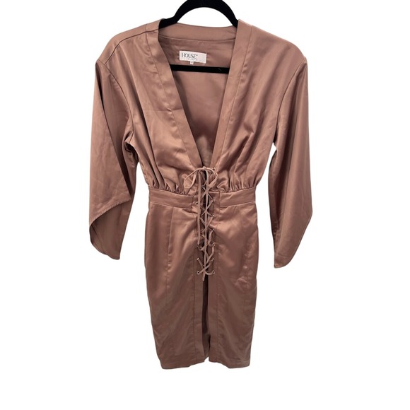 House of CB Eliott Rose Satin Lace Up Deep V-Neck Mini Dress Kimono Sleeve XS - Picture 2 of 7